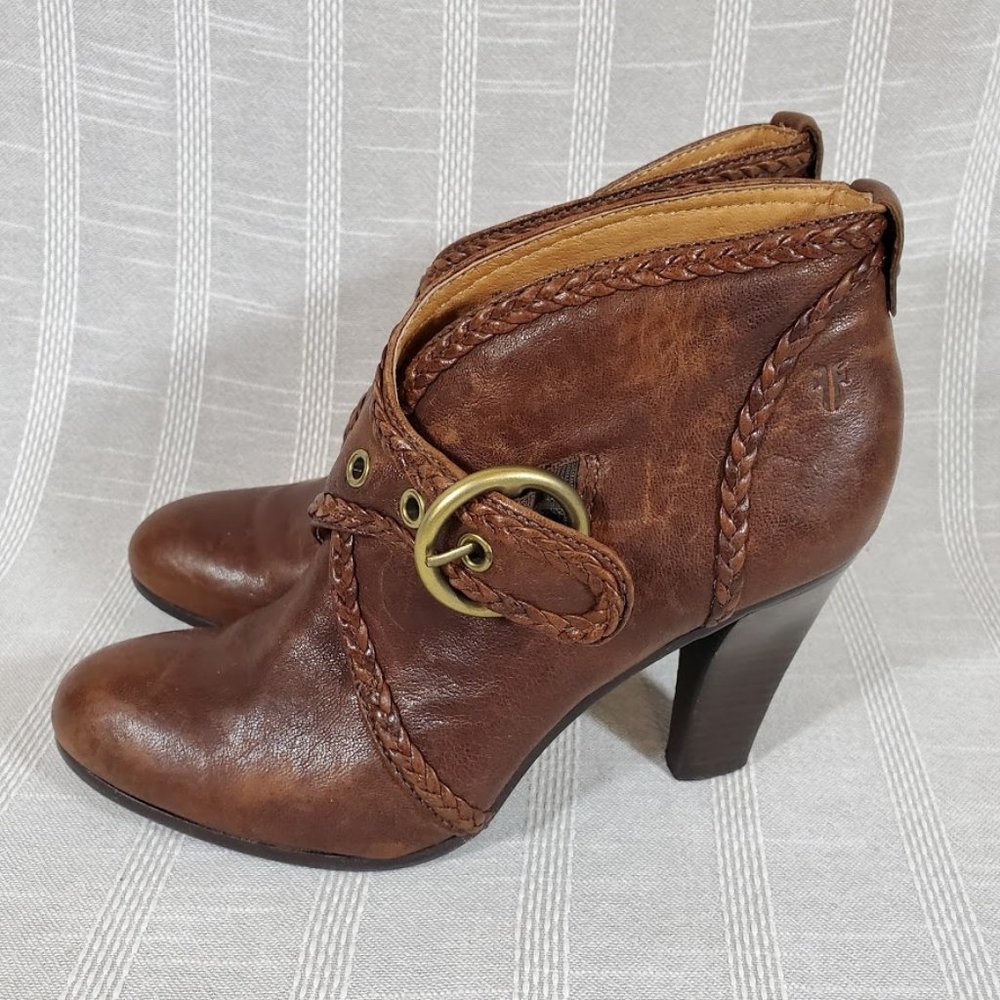 Frye Vicki Brown Ankle Boots with Braided Detail